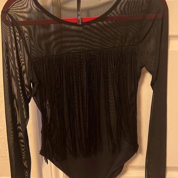 Mesh Fringe Top- Black, bodysuit - Picture 5 of 11